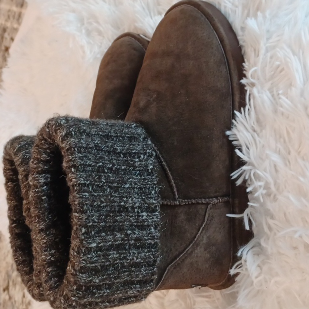 Lamo Boots Womens Ankle Brown Suede Fur Lining Sparkled Sweater Cuff Top SZ 8